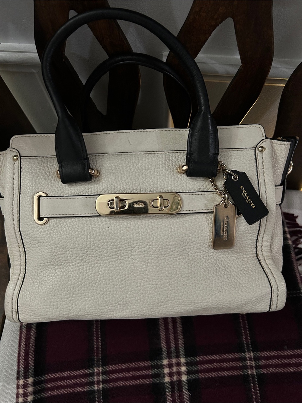 Coach Swagger White Pebbled Leather Satchel with Black Handles